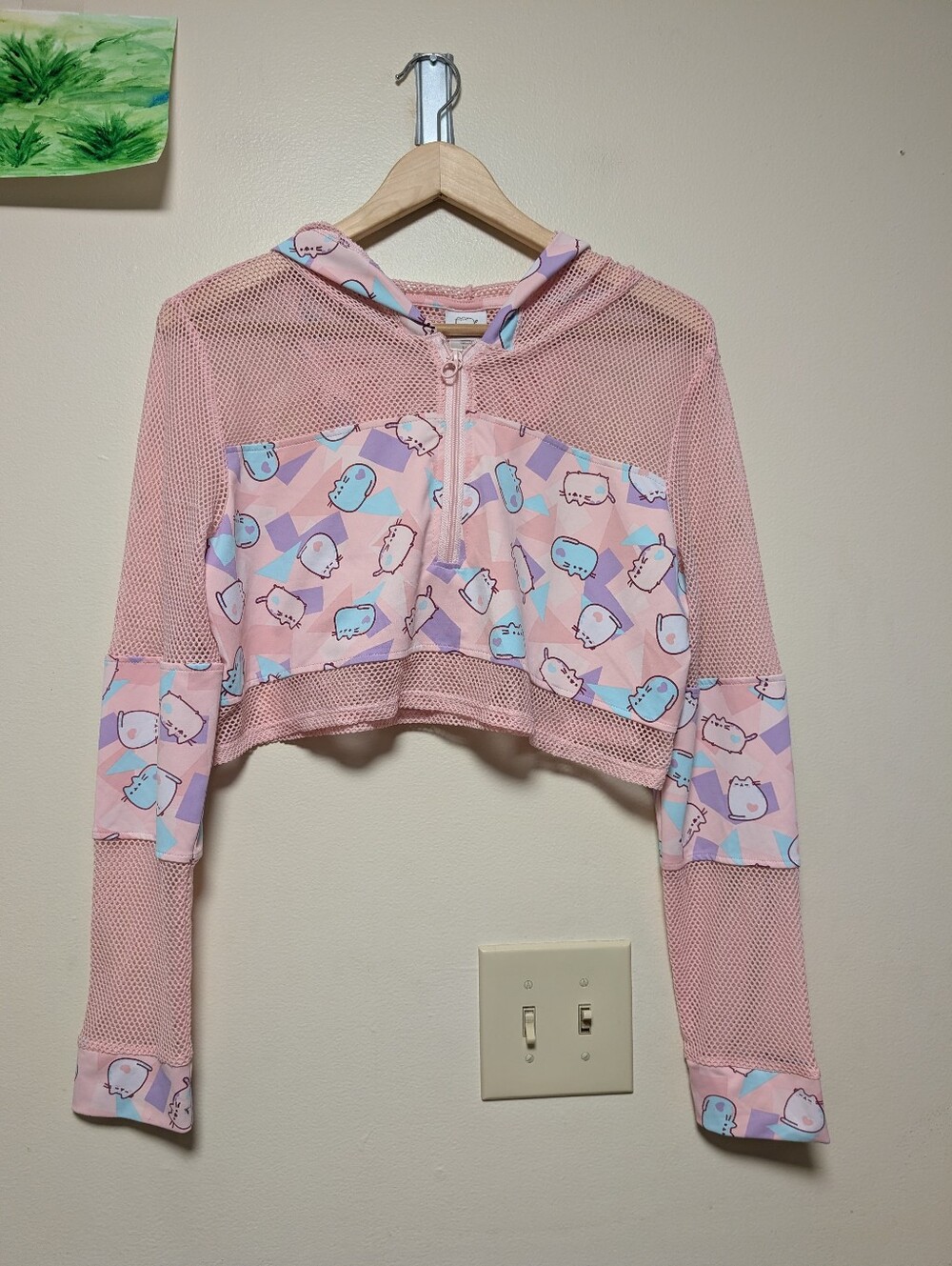 Pusheen Pink Mesh Cropped Hoodie Quarter Zip Kawaii Anime LG